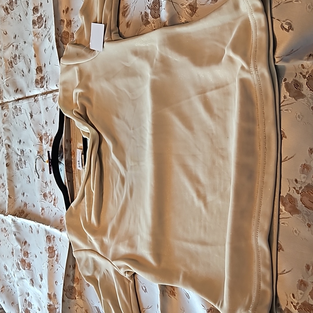 Gold/cream colored blouse w golden threads weaved throughout fabric.
